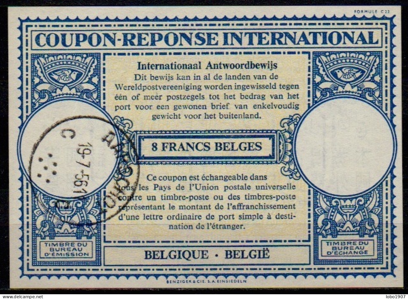 BELGIQUE BELGIE BELGIUM  Lo16n  8 FRANCS BELGES International Reply Coupon Reponse Antwortschein IAS IRC  AARSCHOT 1956 - Coupons-réponse Internationaux