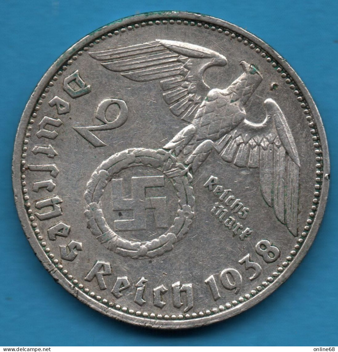 DEUTSCHES REICH 2 REICHSMARK 1938 G KM# 93 Argent 625‰ Silver Paul Von Hindenburg Svastika - 2 Reichsmark