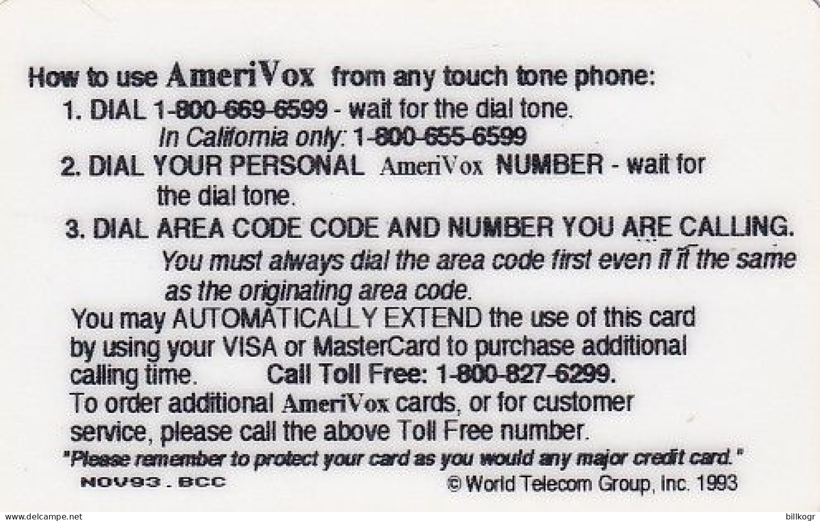 USA - Eagle & American Flag, Amerivox Promotion Prepaid Card(10 Min), Tirage 10000, 12/93, Sample - Amerivox