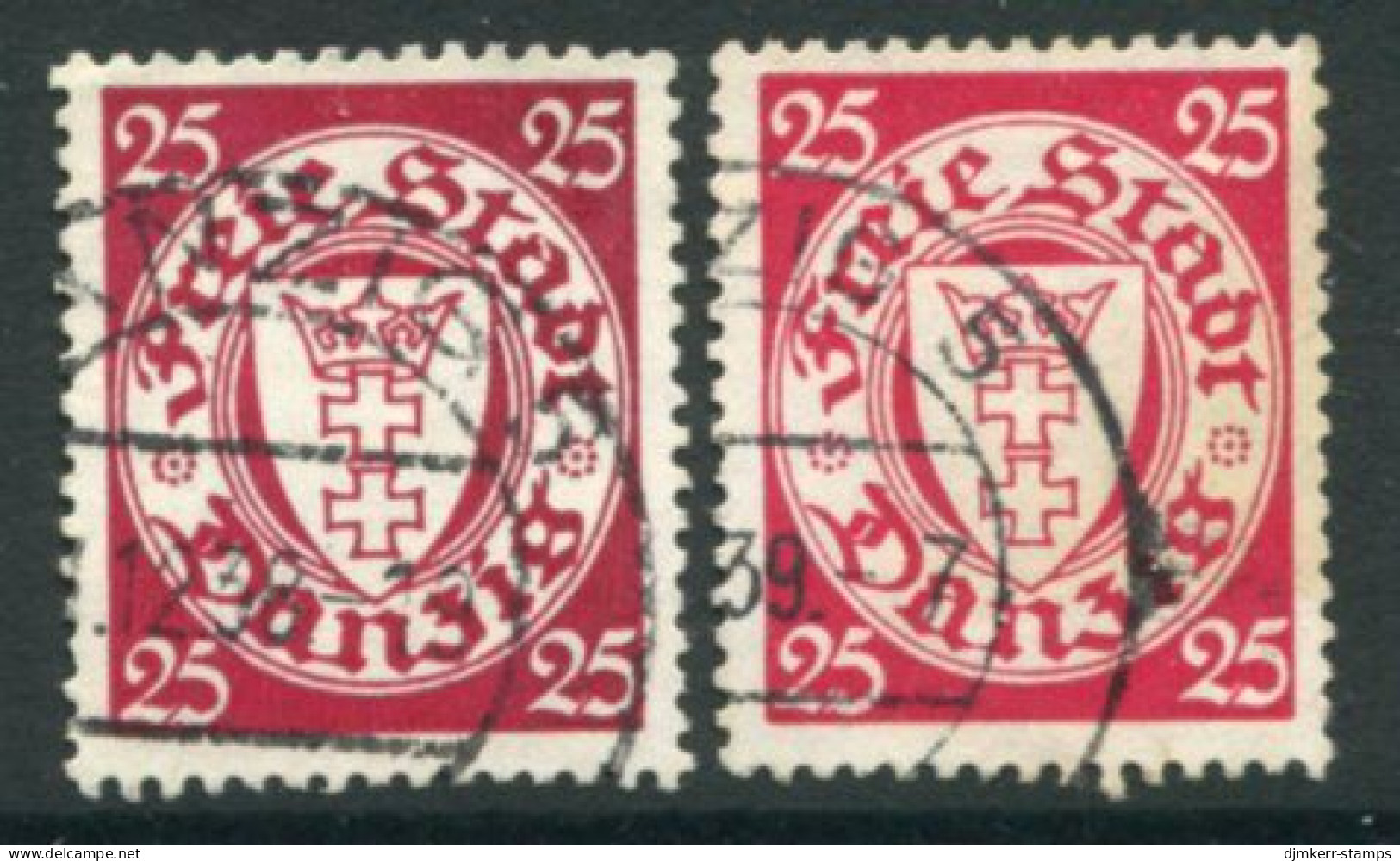 DANZIG 1938 Arms Definitive With Swastika Watermark 25 Pf.  In Two Shades Used.  Michel 294 - Gebraucht