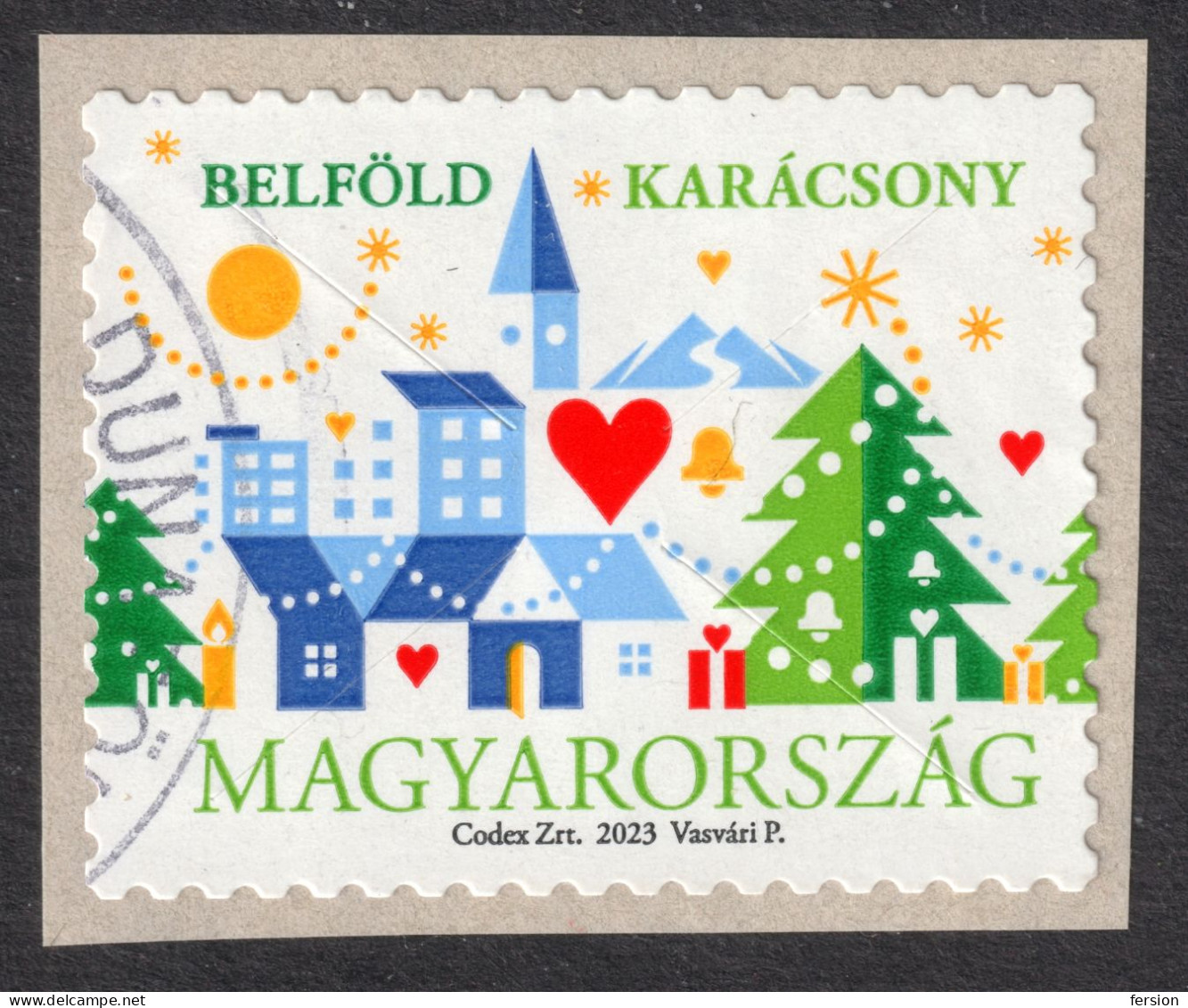 Church Heart Candle Tree Mountain 2023 Hungary Christmas Self Adhesive / Used But Adhesive DUNAFÖLDVÁR Postmark - Oblitérés