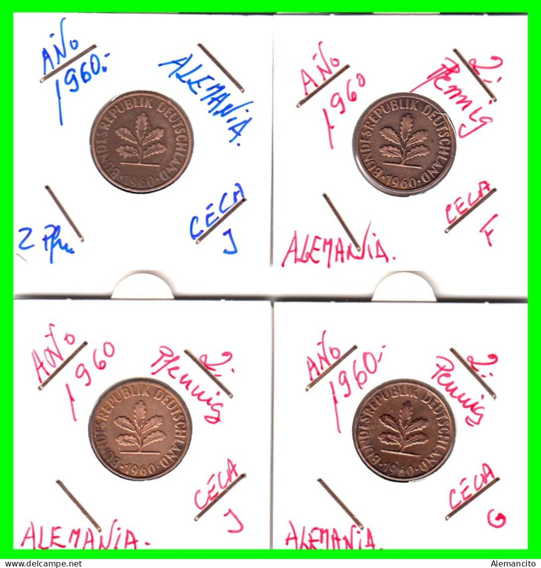 ALEMANIA – GERMANY - ( REPUBLICA FEDERAL ) 4 MONEDAS  DE 2.- PFENNING . AÑO 1960 DE LAS  CECAS - F-G- Y DOS DE LA J - 2 Pfennig