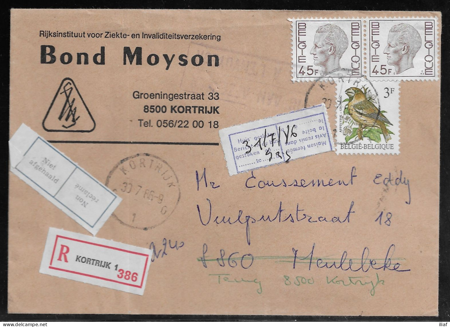 Belgium. Stamps Sc. 781, 1219 On Registered Commercial Letter, Sent From Bond Moyson Kortrijk - Health Insurance Agency - Covers & Documents