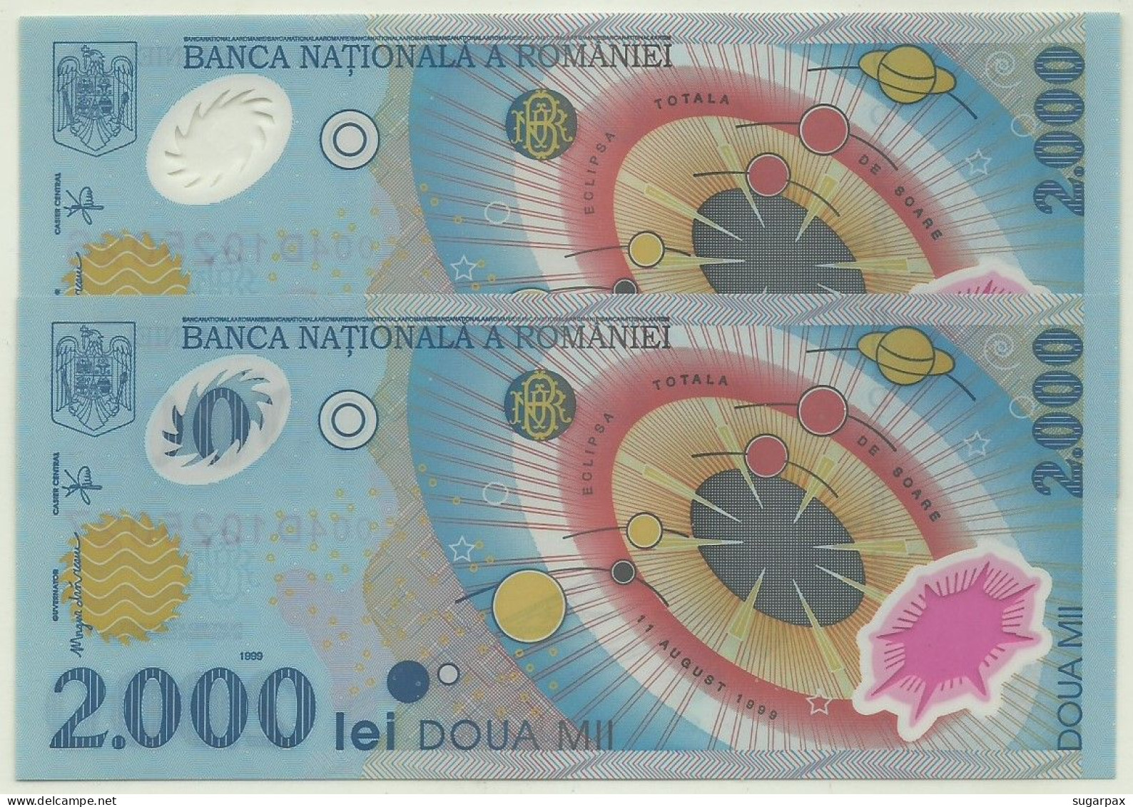 ROMANIA - 2 X 2.000 Lei - 1999 - Pick 111.a - Unc. - Série 004D - Total Solar ECLIPSE Commemorative POLYMER - 2000 - Roumanie