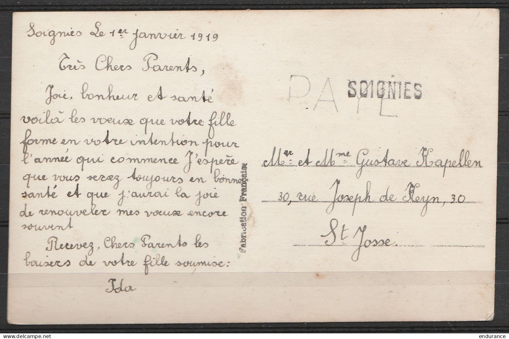 CP Fantaisie Vœux Nouvel An Datée 1e Janvier 1919 De SOIGNIES Pour ST-JOSSE - Griffe "PAYE" (port Payé) - Griffe "SOIGNI - Fortune (1919)