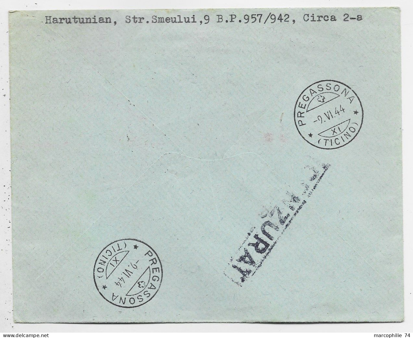 ROMANIA ROUMANIE 2 LEI + EMA 40.00 LETTRE REC COVER BUCURESTI 1944 LUGANO PREGASSONA SUISSE ZENZURAT - Briefe U. Dokumente
