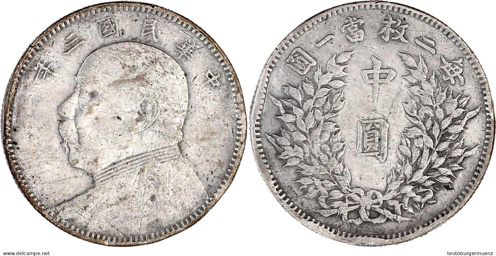 1/2 Dollar (1/2 Yuan) Jahr 3 = 1914. Präsident Yuan Shih-kai. 13,17 G. Sehr Schön, Viele Randfehler. Lin Gwo Ming 64. Ye - Chine