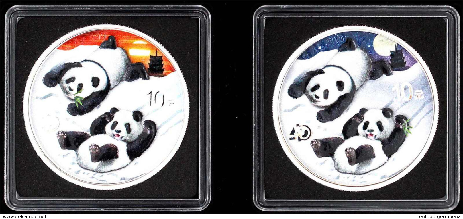 Panda-Satz Night &amp; Day 2022. 2 X 10 Yuan. Je 30 Gramm Feinsilber Mit Farbapplikation. In Holzschatulle Mit Zertifika - China