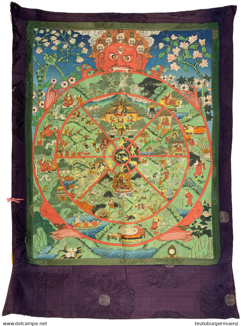 Seiden-Tanka Mit Darstellung Des Samsara (संसार), Dem Rad Der Wiedergeburt. 53 X 77 Cm - Sonstige – Asien