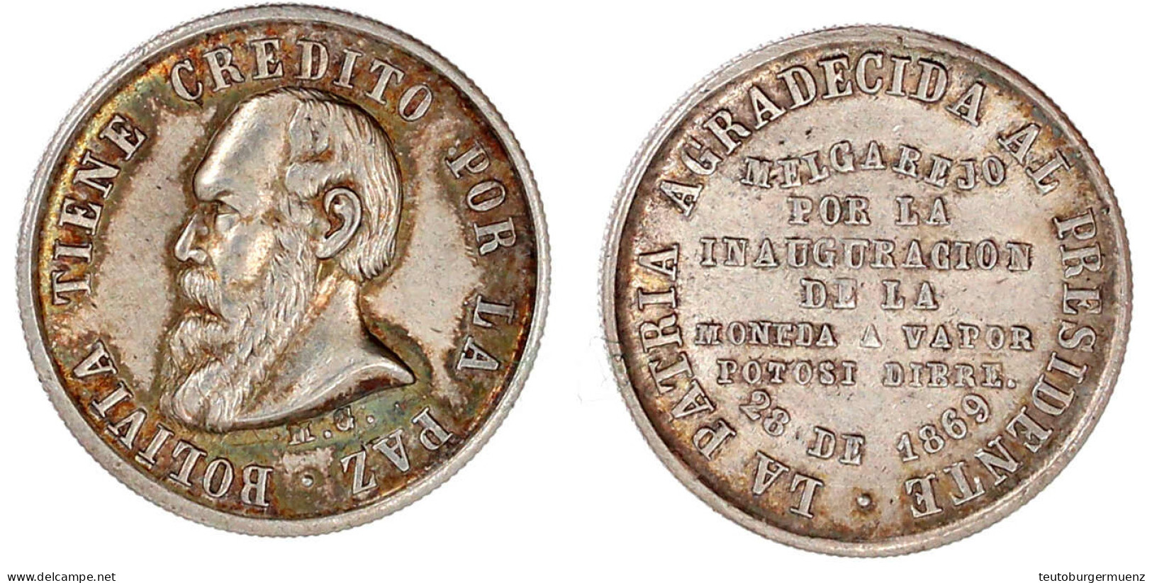 Silbermedaille 1869 Von M.G. Einführung Der Dampfkraft In Der Prägestätte Potosi. 24 Mm; 8,68 G. Vorzüglich/Stempelglanz - Bolivia