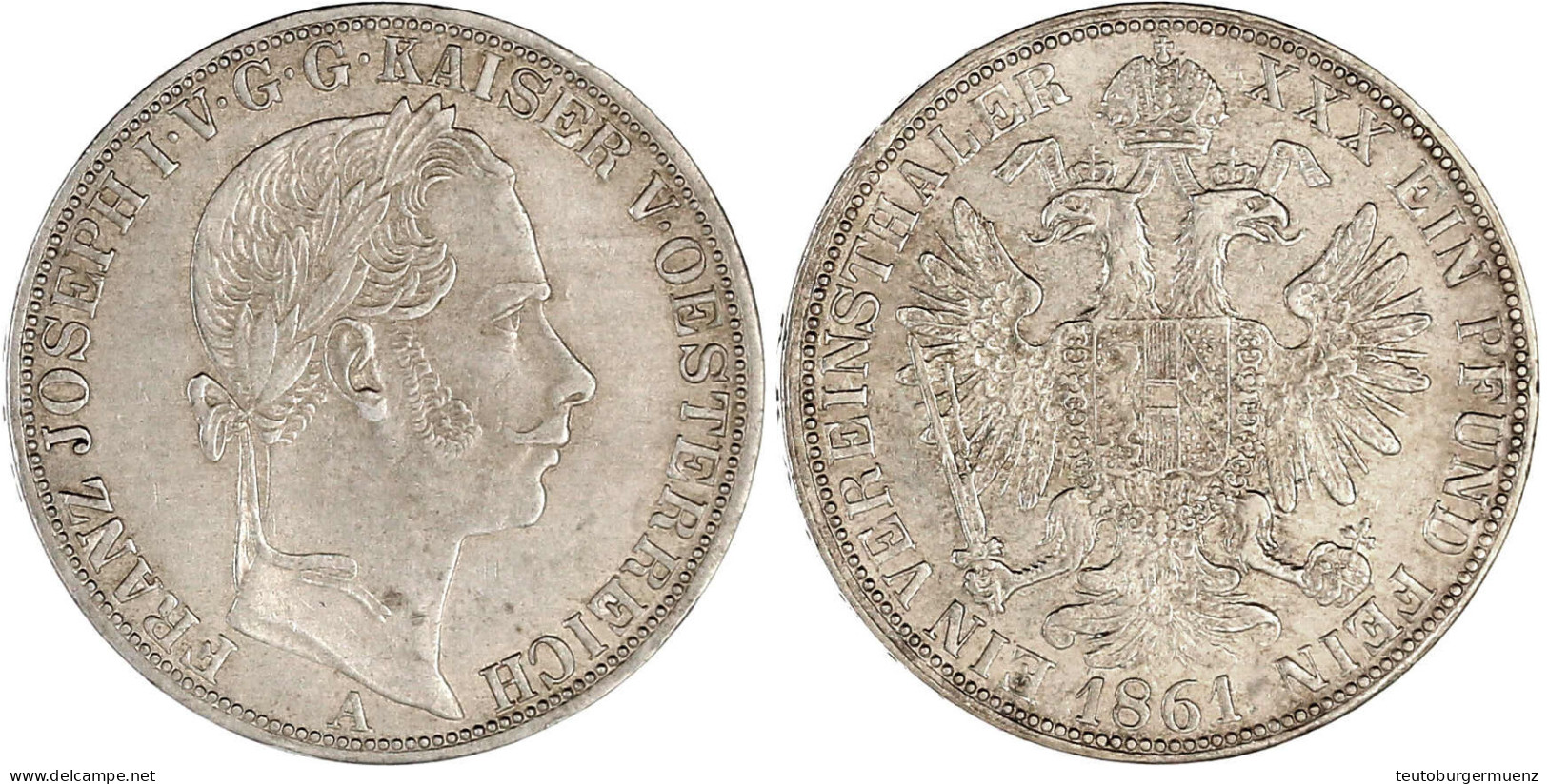 Vereinstaler 1861 A, Wien. Sehr Schön/vorzüglich. Herinek 446. Jaeger/Jaeckel 312. Thun 445. - Gold Coins