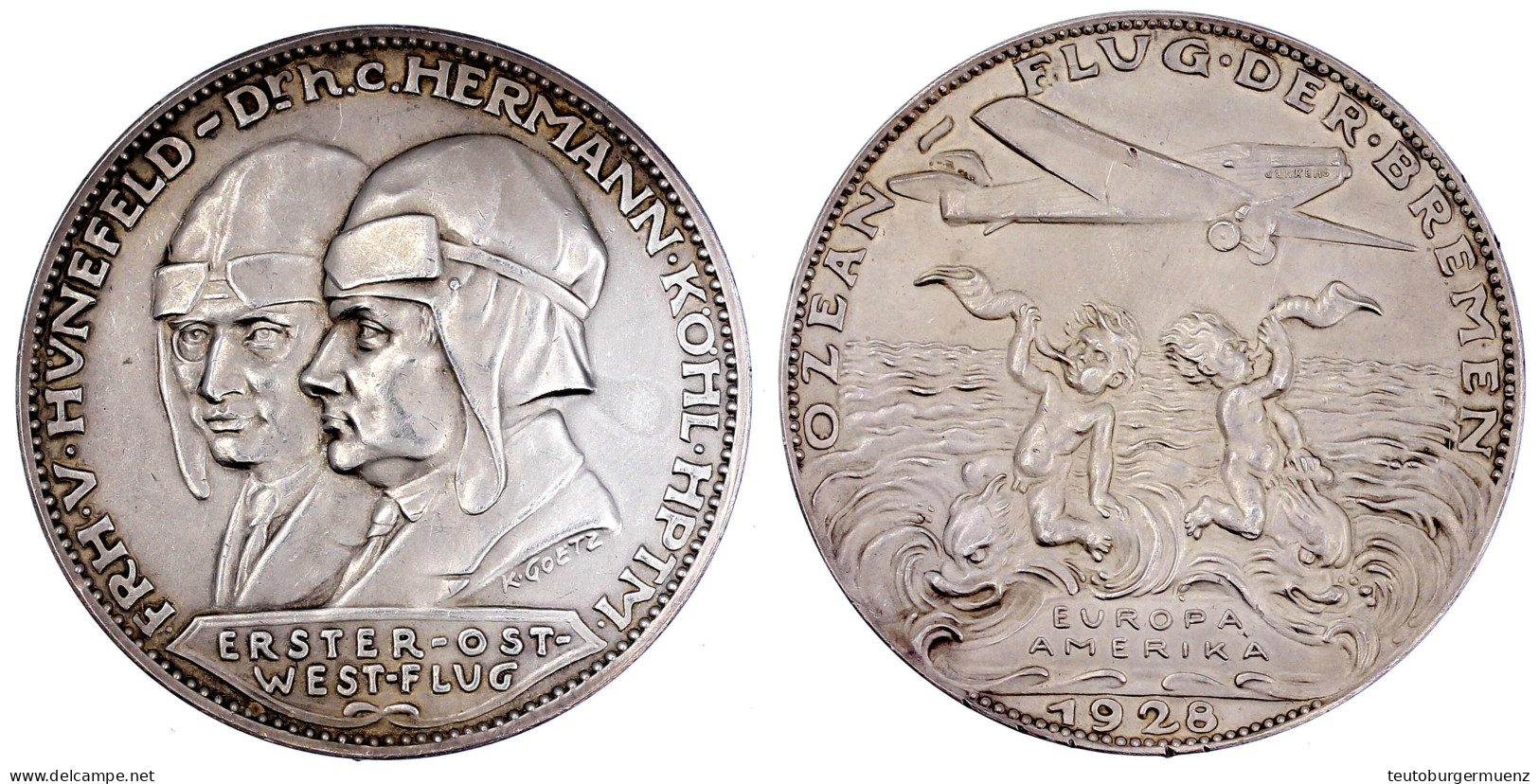 Silbermedaille 1928, 1. Europa-Amerikaflug In Ost-Westrichtung/Hünefeld, Köhl, 60 Mm, 42,69 G. Vorzüglich, Mattiert, Sel - Sonstige & Ohne Zuordnung