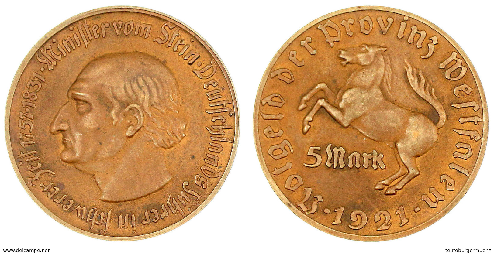 5 Mark Tombak 1921. Freiherr Vom Stein. Vorzüglich, Selten. Jaeger N 12. - Sonstige & Ohne Zuordnung