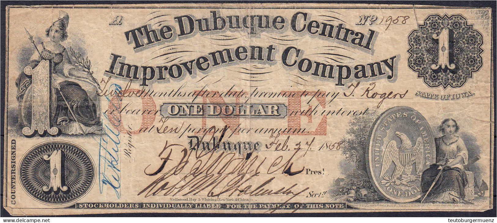 The Dubuque Central Improvement Company, State Of Iowa, 1 Dollar 24.2.1858. IV. Haxby -. - Sonstige & Ohne Zuordnung