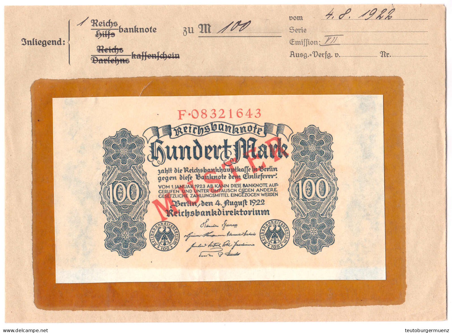 100 Mark 4.8.1922 - 1.1.1923. Mit Rotaufdruck „Muster“ Auf Vs., Serie F, Im Original Kassenkuvert Der Reichsbank. II+, F - Autres & Non Classés