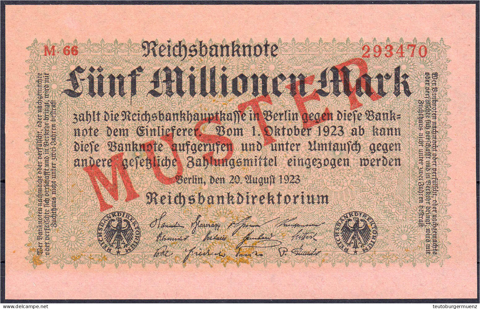 5 Mio. Mark 20.8.1923. Mit Rotaufdruck „Muster“ Auf Vs. I-, Fleckig Wahrscheinlich Durch Kassenkuvert. Rosenberg 104b. G - Sonstige & Ohne Zuordnung