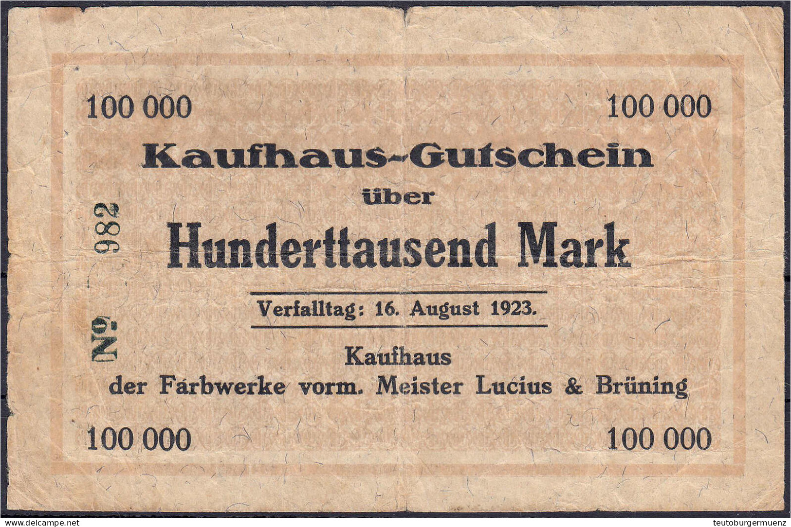 Kaufhaus Meister Lucius &amp; Brüning, 100 Tsd. Mark O.D. Gültig Bis 16.8.1923. KN. 982. IV+, Selten - [11] Local Banknote Issues