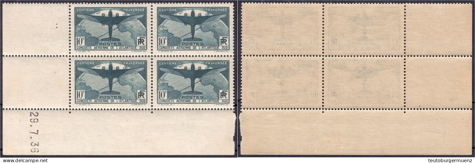 10 Fr. Ozeanüberquerung Französischer Postflugzeuge 1936, Kompletter Eckrand-Viererblock In Postfrischer Erhaltung, Nur  - Sonstige & Ohne Zuordnung