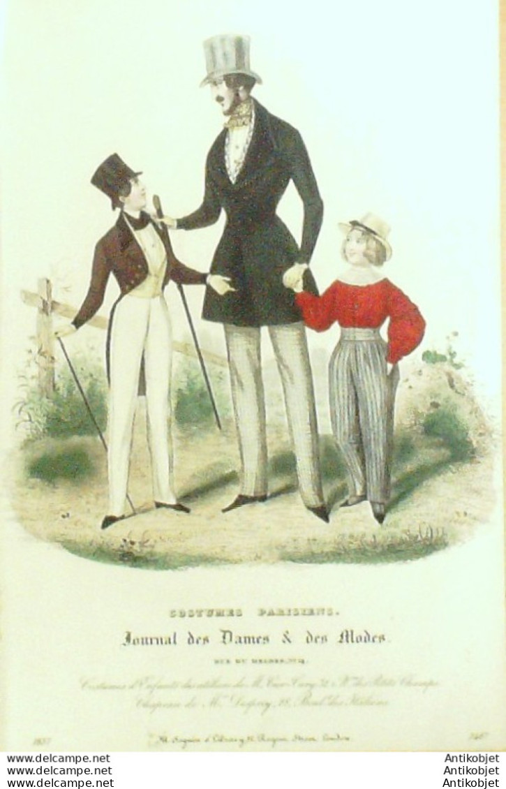 Gravure De Mode Costume Parisien 1837 N°3487 Costumes D'enfants Chapeaux  - Etchings