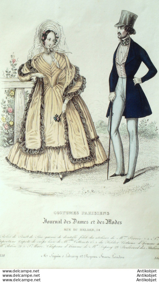 Gravure De Mode Costume Parisien 1838 N°3581 Costume Homme Veste Gilet Piqué - Etchings