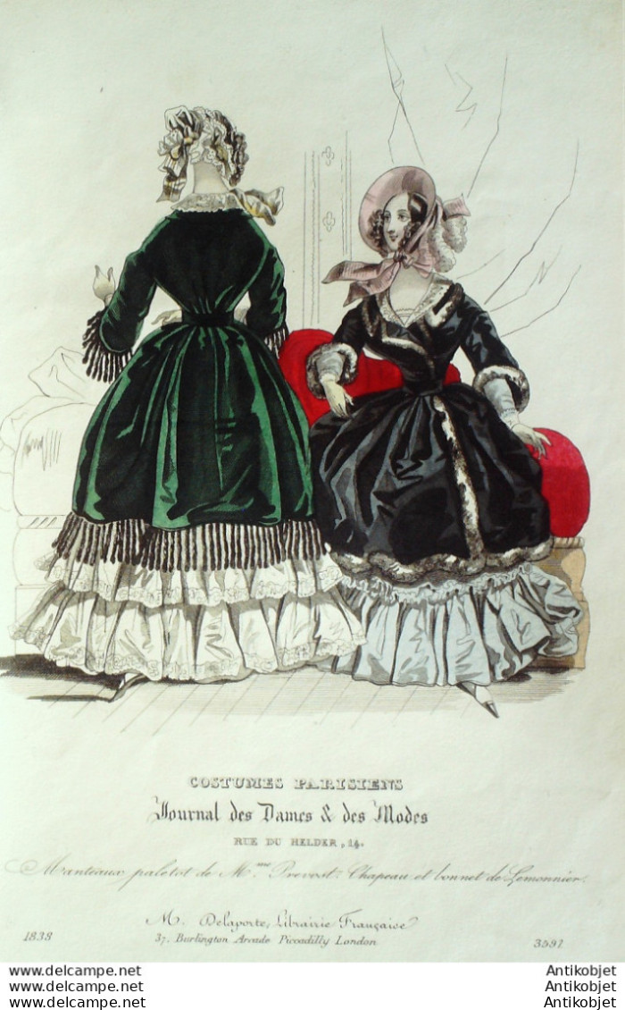 Gravure De Mode Costume Parisien 1838 N°3597 Manteaux & Paletot Chapeaux - Eaux-fortes