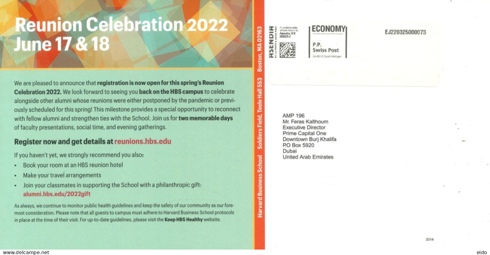 SWITZERLAND - 2022, P0STAL FRANKING MACHINE LABEL REGISTRATION CARD OF REUNION CELEBRATION 2022 TO DUBAI. - Other & Unclassified