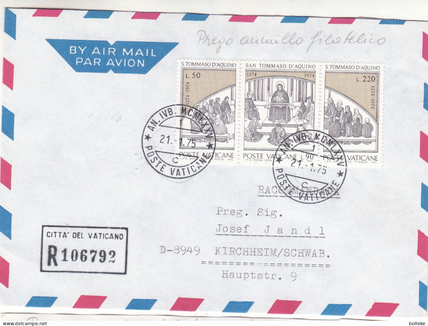 Vatican - Lettre Recom De 1975 - Oblit Poste Vaticane - Exp Vers Kirchheim - - Cartas & Documentos