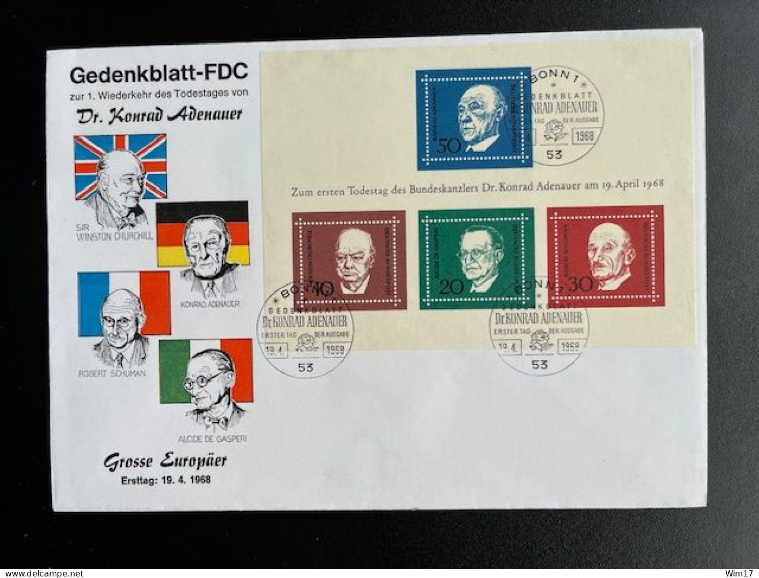 GERMANY 1968 FDC GREAT EUROPEANS 19-04-1968 DUITSLAND DEUTSCHLAND CHURCHILL ADENAUER SCHUMAN GASPERI - 1961-1970