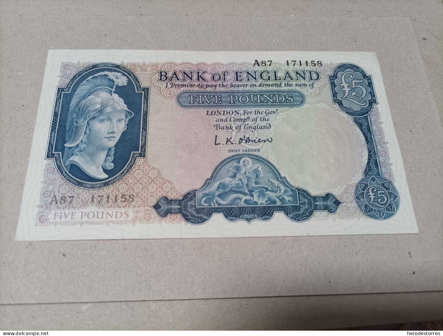 Billete Inglaterra 5 Libras, Año 1957, Serie A, Xf-Aunc - 5 Pounds