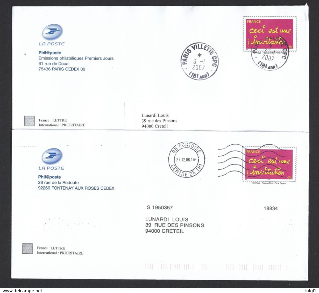 FRANCE 2005. PAP Y&T Type (n°3760)  Sur 2 Enveloppes. Datées Des 27.12.2006 Et 3-1-2007. LA POSTE  Phil@poste. TB. - Pseudo-entiers Officiels