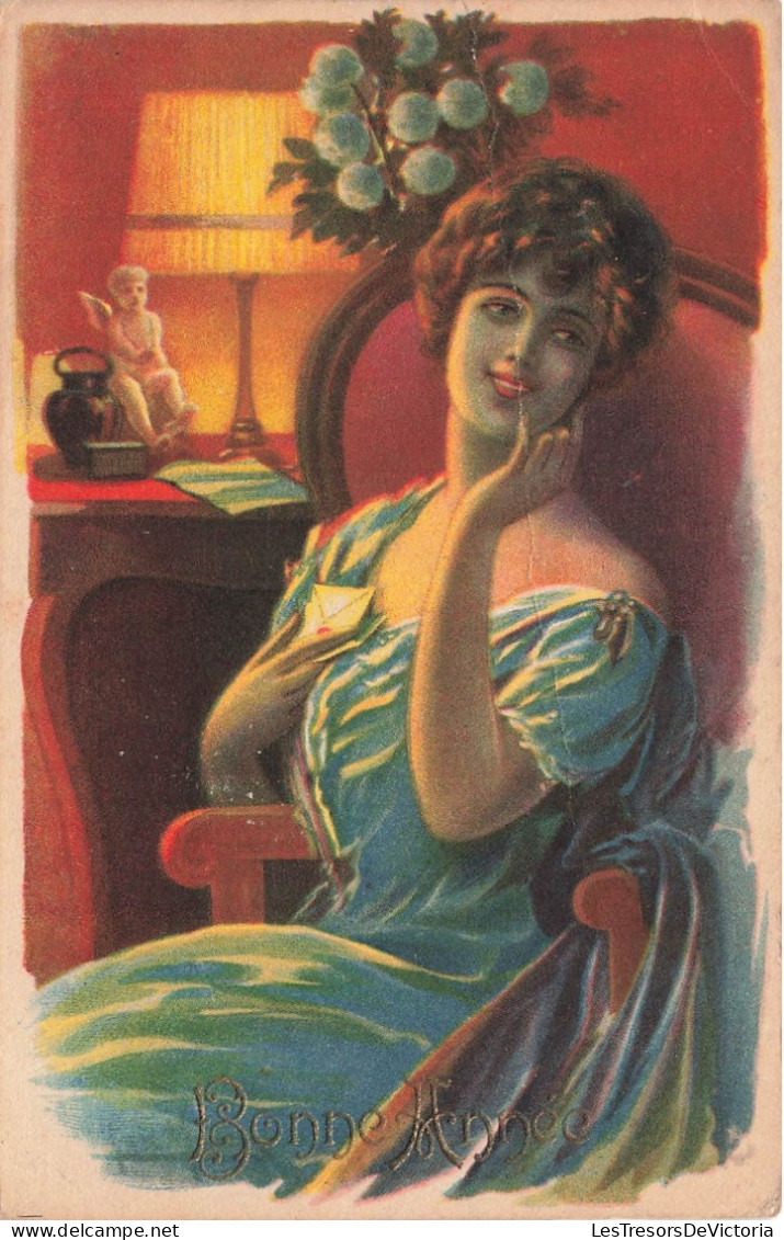 FANTAISIE - Femme - Femme Assise Dans Un Fauteuil - Lettre - Lampe De Chevet - Bonne Année - Carte Postale Ancienne - Women