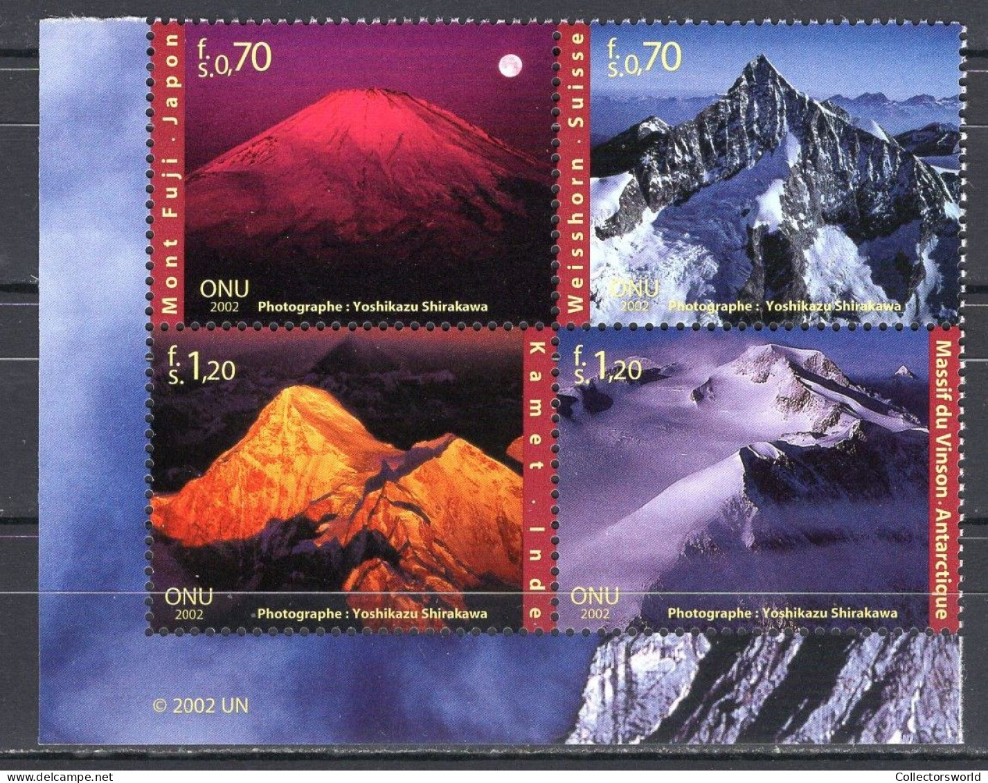 United Nations UN Geneva Serie 4v 2002 In Block Int Year Of The Mountain Mount Fuji - Vinson Massif Antarctica MNH - Nuovi