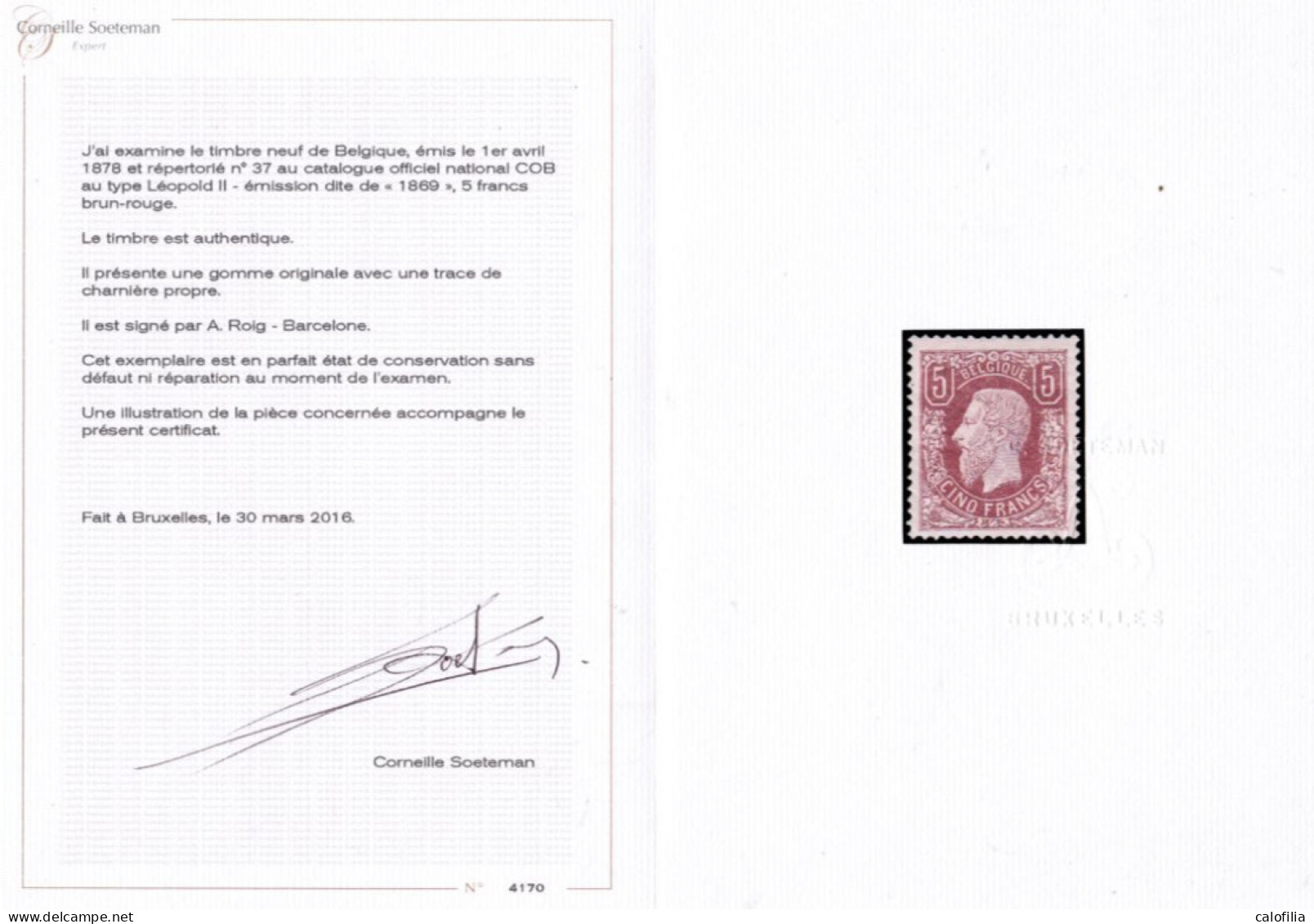 COB 37 *, Centrage Excellent, 2 Certificats (Soeteman, Michaux) + Signature A. ROIG, Val COB 5750 EUR, Superbe - 1883 Léopold II