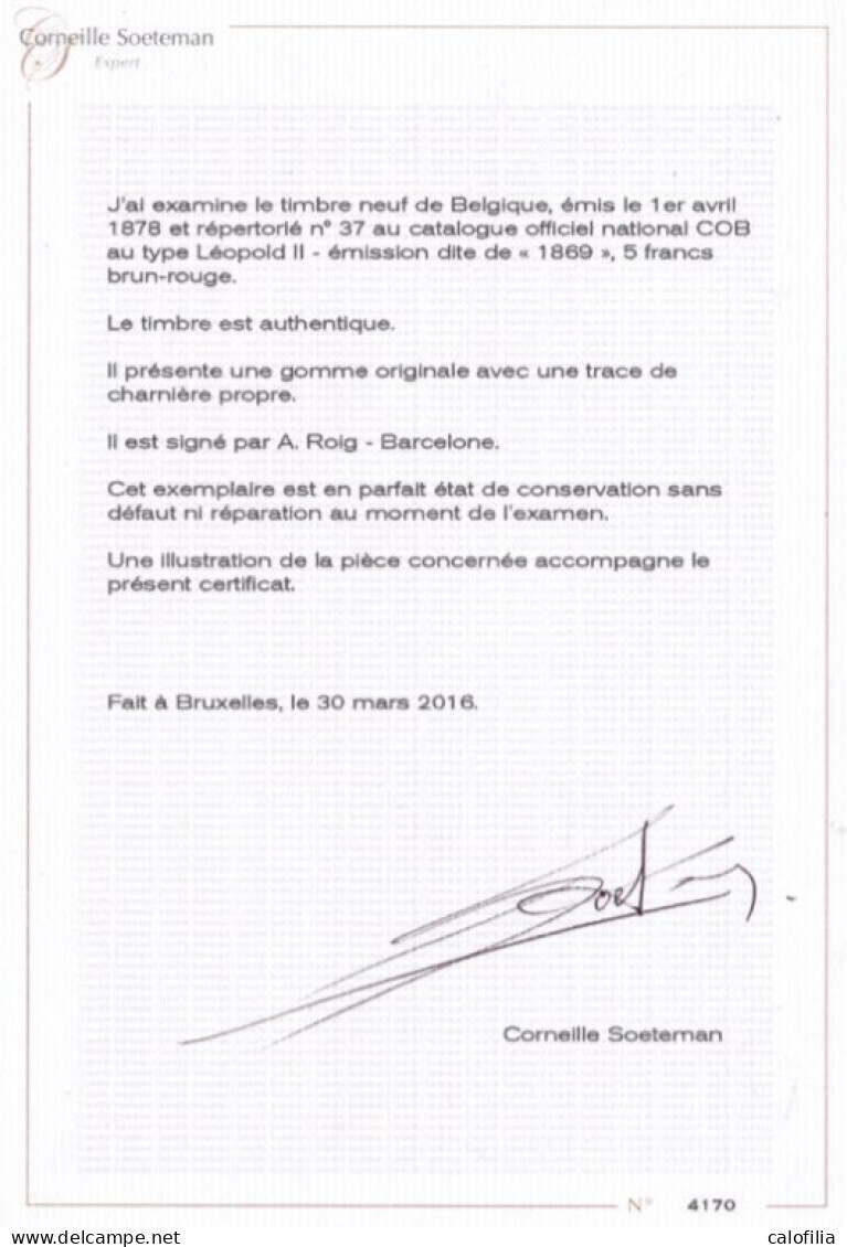 COB 37 *, centrage excellent, 2 certificats (Soeteman, Michaux) + signature A. ROIG, Val COB 5750 EUR, superbe