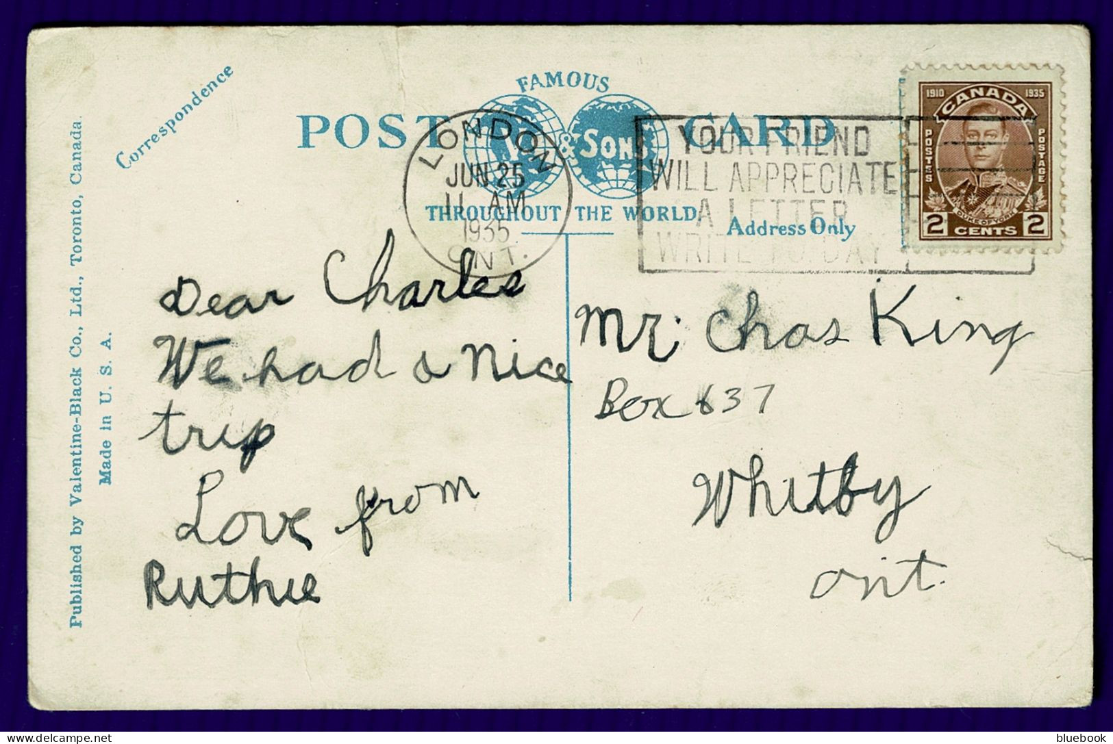 Ref 1636 - Canada - 1935 Postcard With Slogan " Your Friend Will Appreciate A Letter" - Briefe U. Dokumente