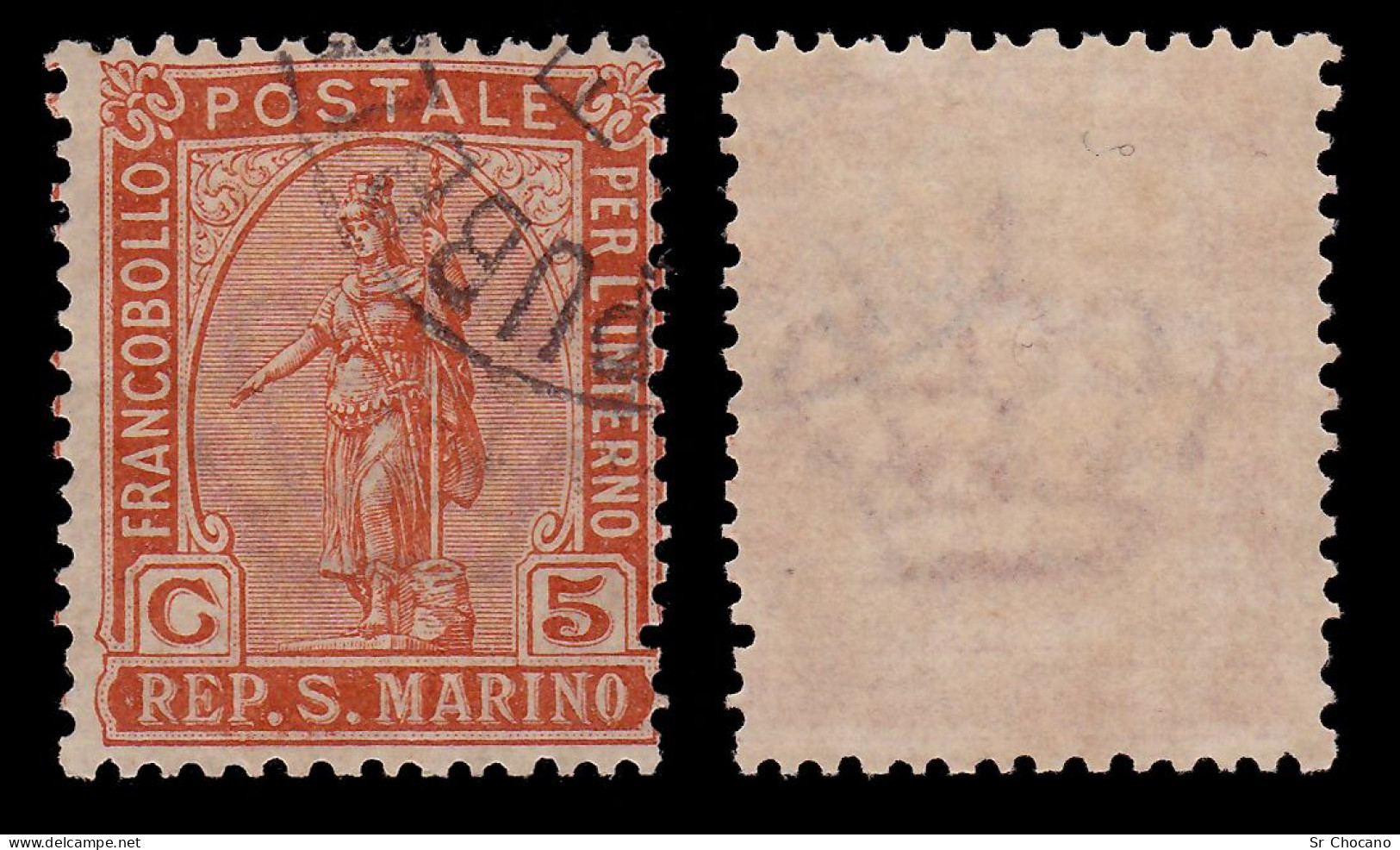 SAN MARINO STAMP.1899.5c Brown Org .SCOTT 34.USED - Used Stamps