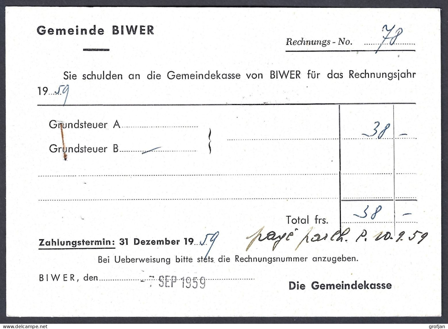 Carte Commune De Biwer à Beidweiler 1959 - Privé