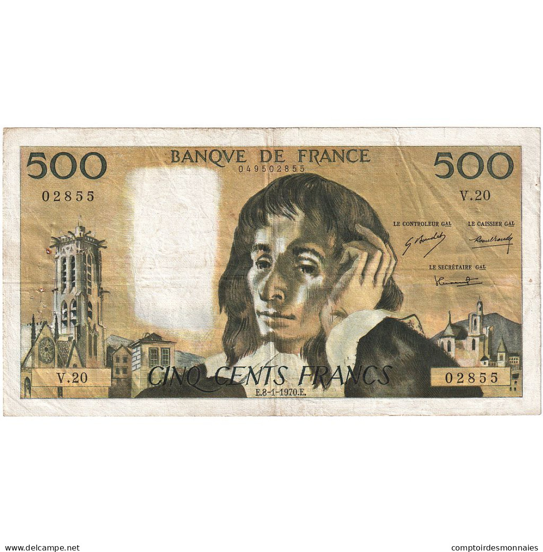 France, 500 Francs, Pascal, 1970, V.20, TB+, Fayette:71.5, KM:156a - 500 F 1968-1993 ''Pascal''