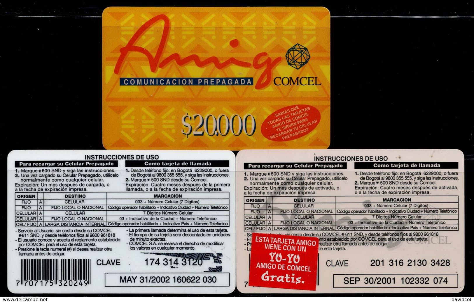 TT102-COLOMBIA PREPAID CARDS - 2001/2002- USED - AMIGO - $ 20.000- 3 DIFFERENT - Colombia