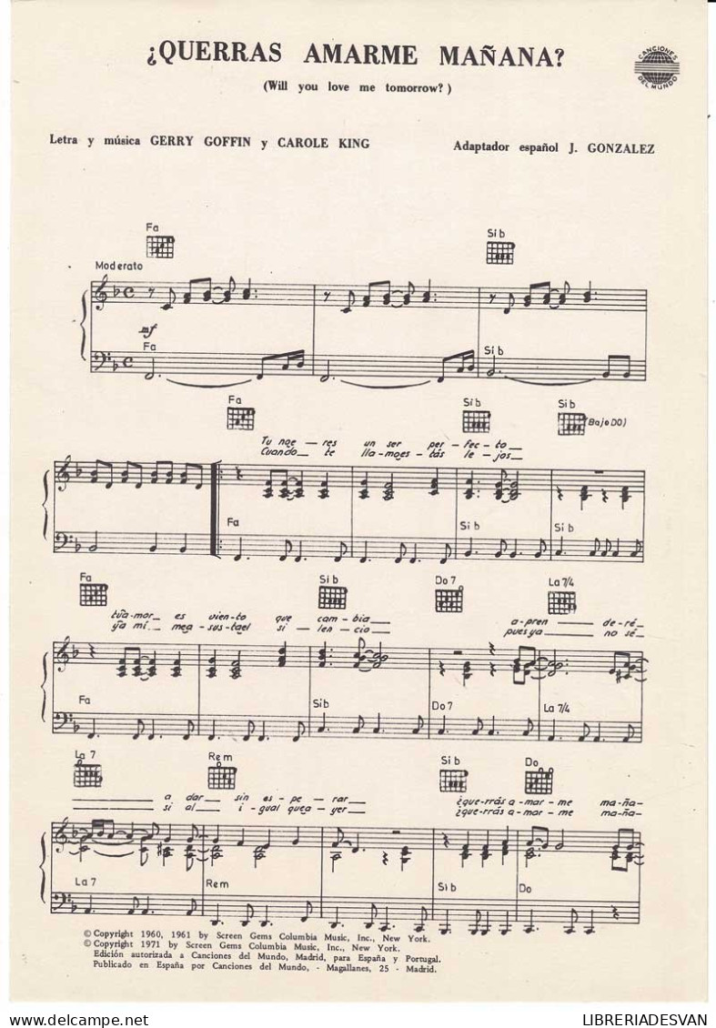 Cancionero ¿Querrás Amarme Mañana? (Will You Love Me Tomorrow?) De Gerry Goffin Y Carole King - Sonstige & Ohne Zuordnung