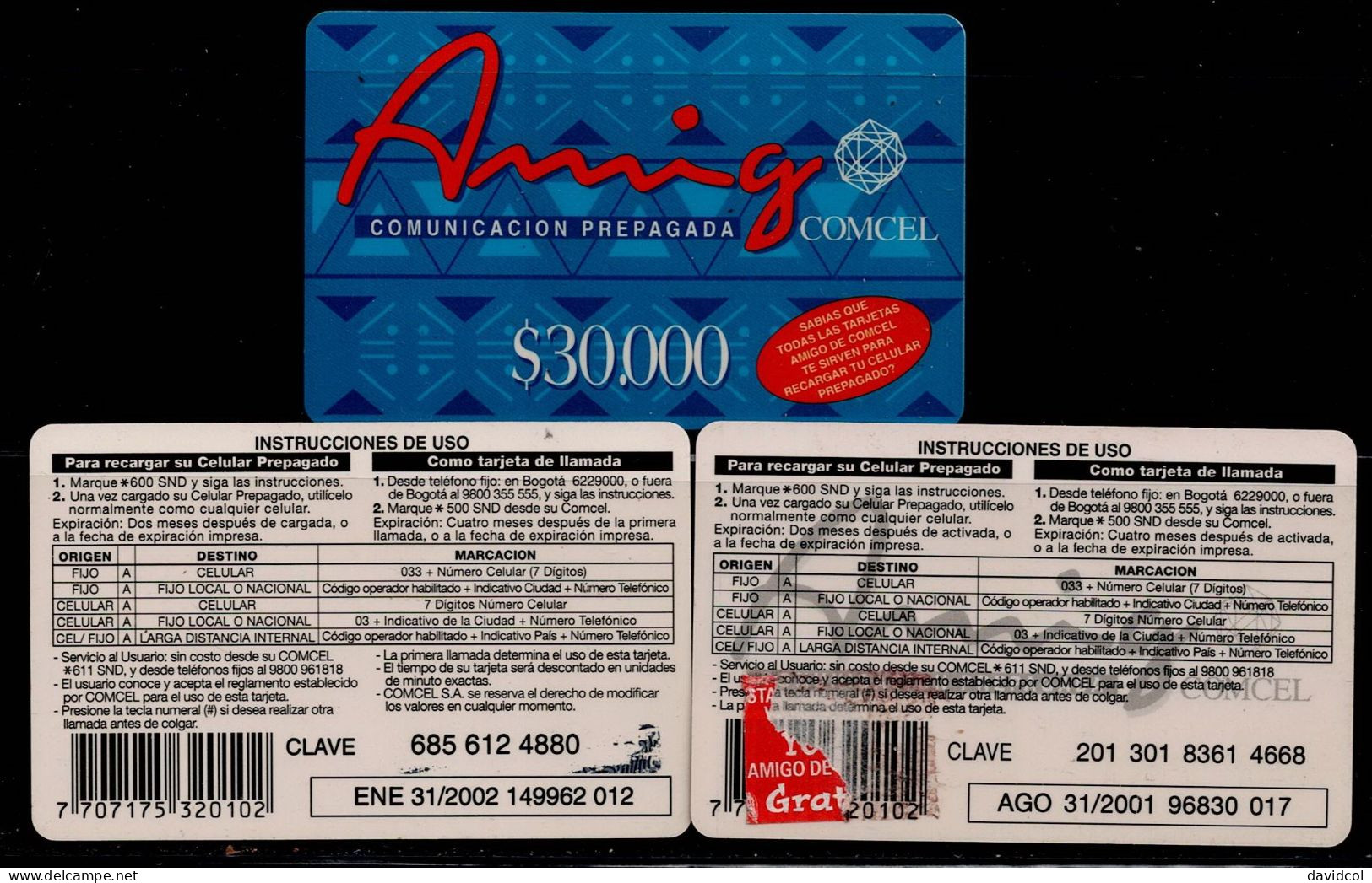 TT105-COLOMBIA PREPAID CARDS - 2001/2002- USED - AMIGO - $ 30.000- 3 DIFFERENT - Colombia