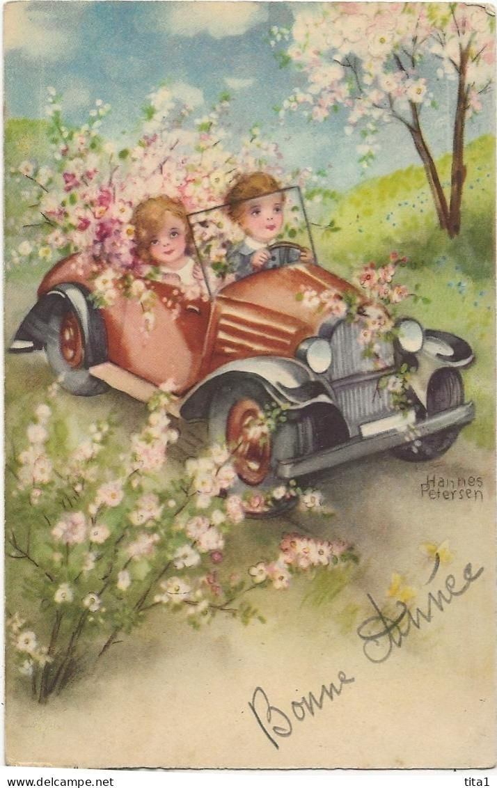 1327 - Enfants Au Volant D'une Voiture Fleurie - Bonne Année - Petersen, Hannes