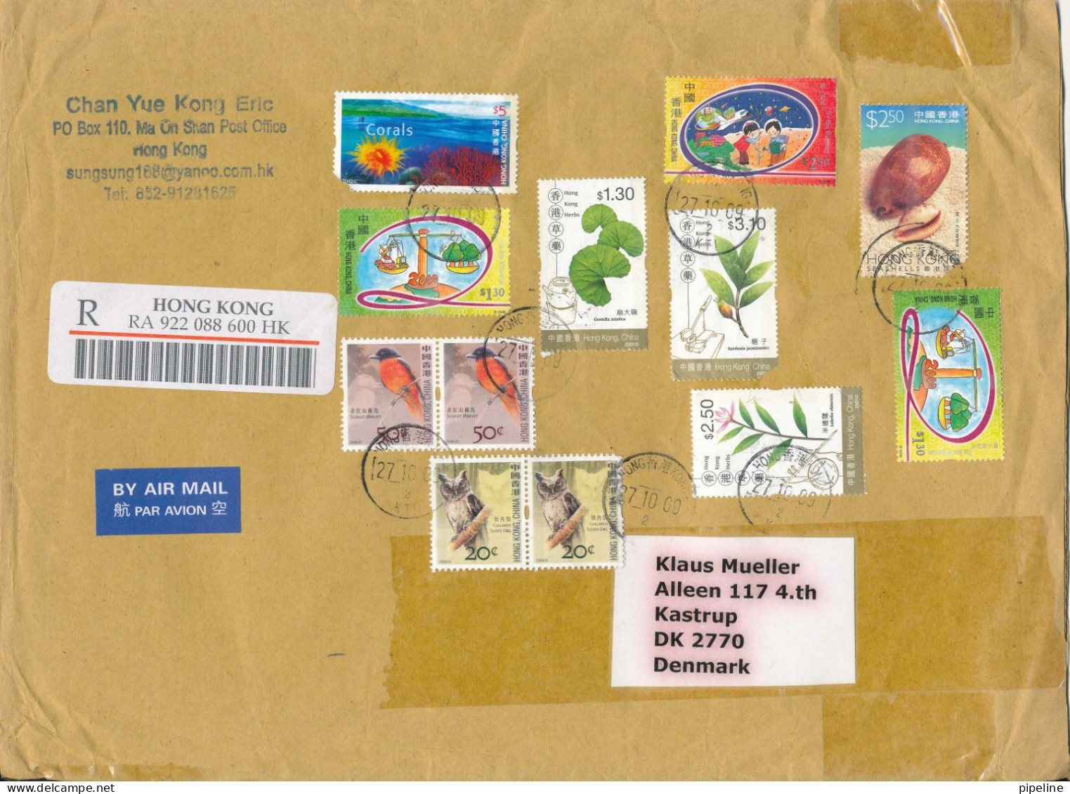 Hong Kong Registered Cover Sent Air Mail To Denmark 27-10-2009 Topic Stamps Big Size Cover 2 Stamps Are Damaged - Covers & Documents