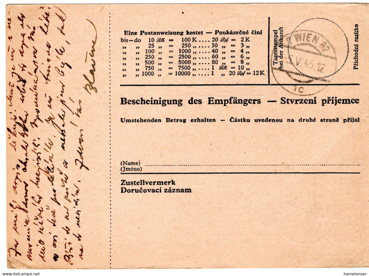 63258 - Deutsches Reich / Böhmen Und Mähren - 1945 - 3K Hitler EF A Ueberroller-PostAnw TAUS -> WIEN, M Aufkleber - Briefe U. Dokumente