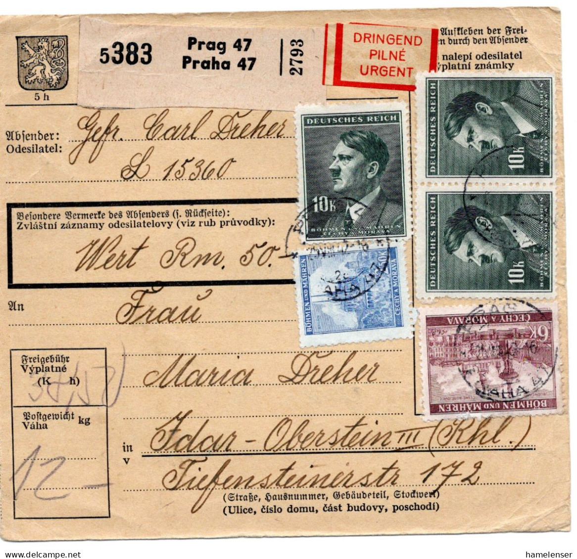63291 - Deutsches Reich / Böhmen Und Mähren - 1942 - 3@30K Hitler MiF A PaketKte PRAG -> IDAR-OBERSTEIN - Cartas & Documentos