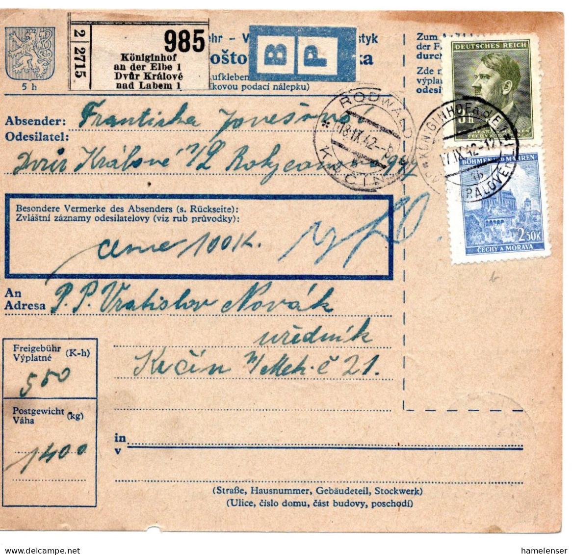 63292 - Deutsches Reich / Böhmen Und Mähren - 1942 - 3K Hitler MiF A PaketKte KOENIGINHOF -> RODWALD - Covers & Documents