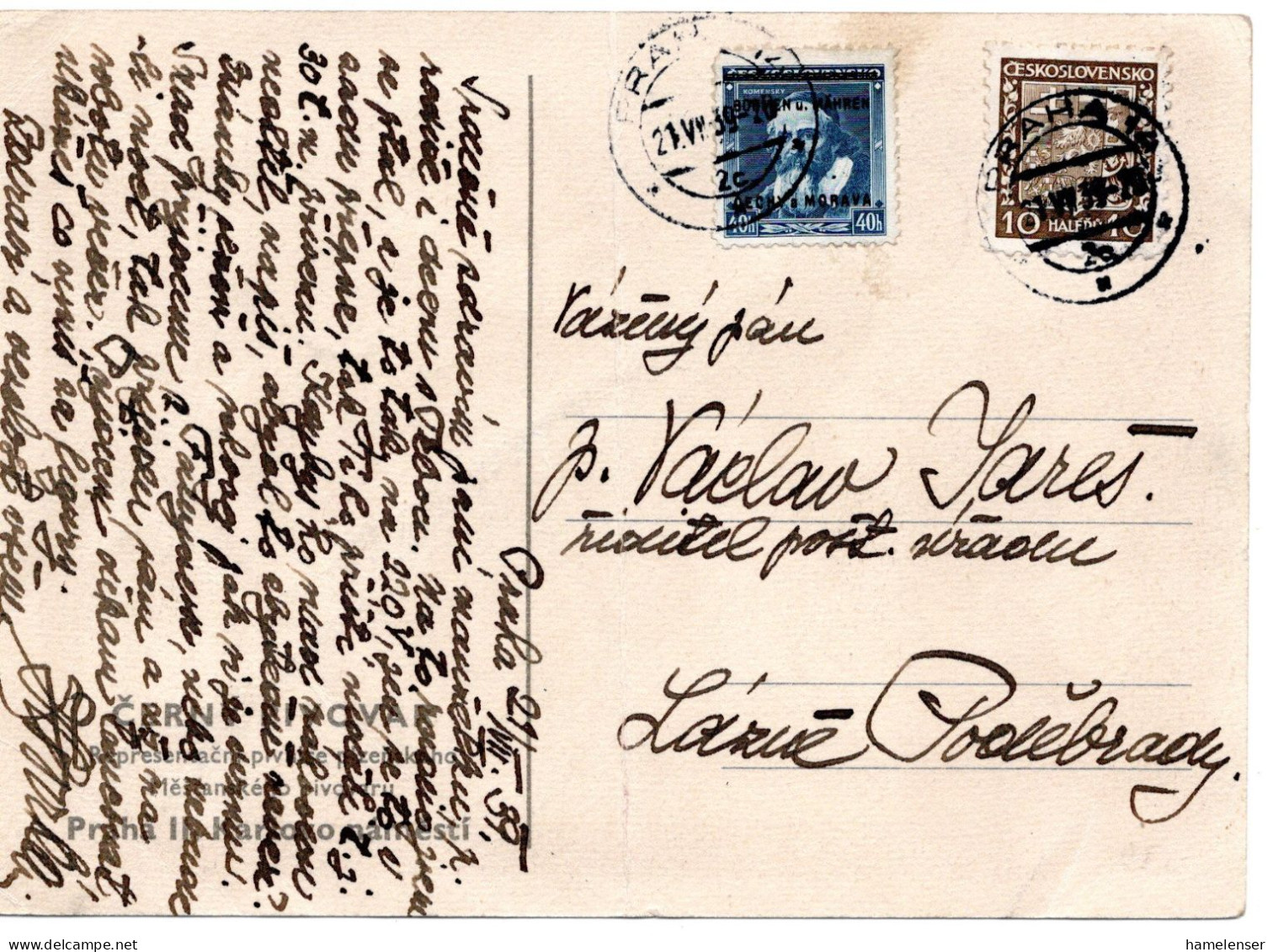 63295 - Deutsches Reich / Böhmen Und Mähren - 1939 - 40h Aufdruck MiF A AnsKte (senkr Bug, Mken OK) PRAHA -> Lazne - Covers & Documents