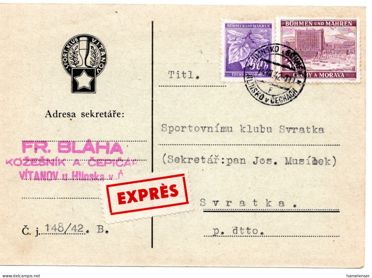 63298 - Deutsches Reich / Böhmen Und Mähren - 1942 - 4K Zlin MiF A EilKte HLINSKO -> Svratka - Cartas & Documentos