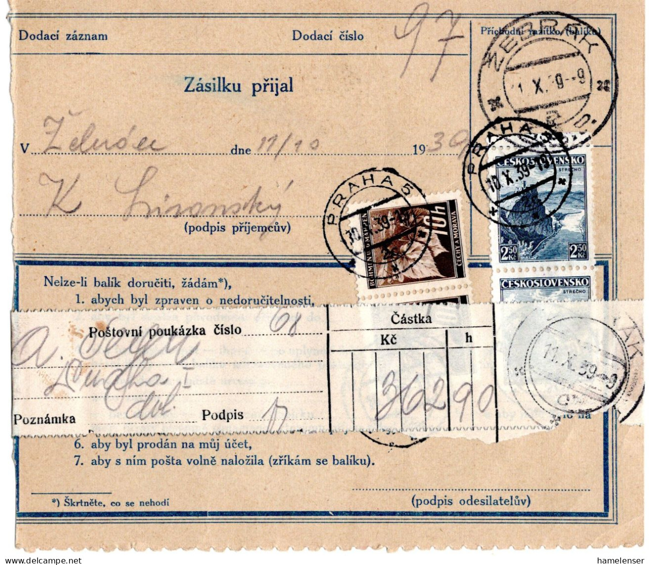 63316 - Deutsches Reich / Böhmen Und Mähren - 1939 - CSR 2@2,50Kc MiF A NN-PaketKte PRAHA -> ZEBRAK - Briefe U. Dokumente