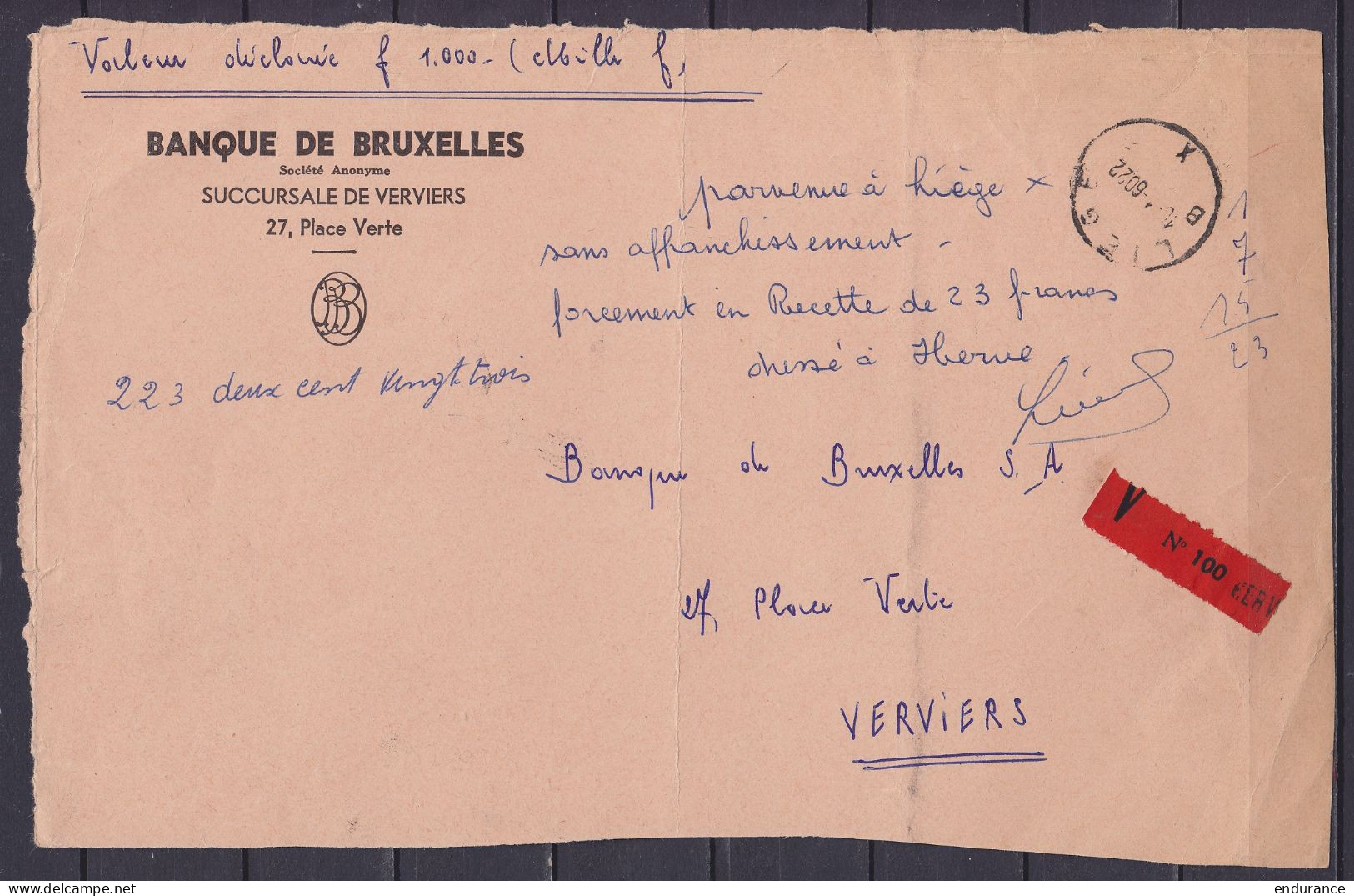 Devant De Lettre "Valeur Déclarée" Càd LIEGE /1?-1-1960 Pour VERVIERS - Note Man. Poste "parvenue à Liège Sans Affranchi - Lettres & Documents
